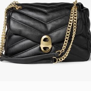 Women's Black Quilted Leather Large Shoulder Bag with Gold Chain